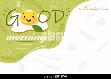 Buongiorno con la bandiera allegra delle uova strapazzate. Gioiosa omelette gialla per colazione con articoli gratuiti in bianco. Illustrazione Vettoriale