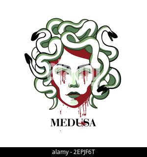 Testa tagliata gorgon medusa. Sanguinante creatura mitica con serpenti invece di capelli aspetto inquietante. Illustrazione Vettoriale
