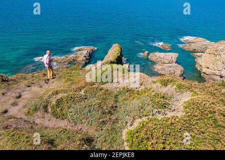 Cotes-d-Armor, Francia - 25 agosto 2019: Costa rocciosa di Cap Frehel è una penisola in Bretagna nella Francia nordoccidentale Foto Stock