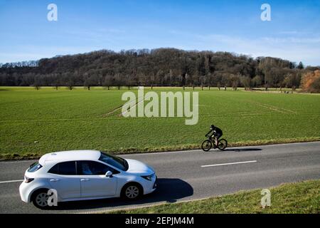 Fahrradfahrer auf einer zweispurigen Landstrasse vor einem Feld. Im Hintergrund befindet sich ein bewaldeter Huegel. Es ist Inverno. Auf der Gegenspur Foto Stock