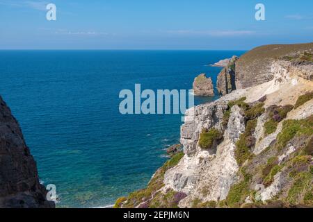 Cotes-d-Armor, Francia - 25 agosto 2019: Costa rocciosa di Cap Frehel è una penisola in Bretagna nella Francia nordoccidentale Foto Stock