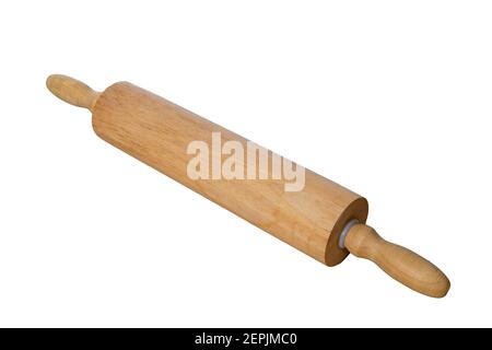 Colpo orizzontale di un vecchio perno di legno isolato su bianco. Steso diagonalmente. Molto spazio per la copia. Foto Stock