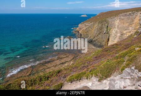 Cotes-d-Armor, Francia - 25 agosto 2019: Costa rocciosa di Cap Frehel è una penisola in Bretagna nella Francia nordoccidentale Foto Stock