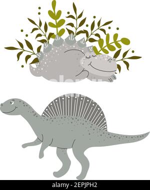 Cute grigio Dinosaurs, vettore piatto Illustrazione Vettoriale