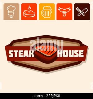 set di icone e logo steak house Illustrazione Vettoriale