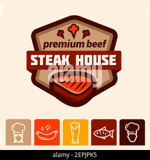 set di icone e logo steak house Illustrazione Vettoriale