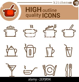 Set di icone vettoriali per utensili da cucina, stile linea Illustrazione Vettoriale