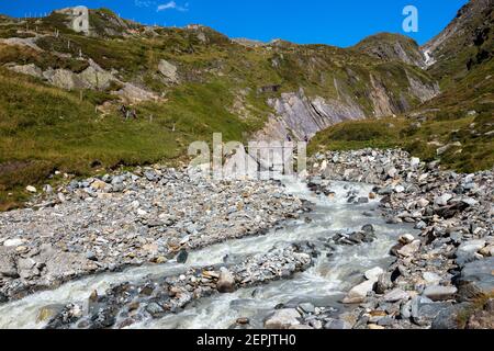 Torrente alpino. Valle Dorfer. Gruppo Venediger. Virgental. Alpi austriache. Europa Foto Stock