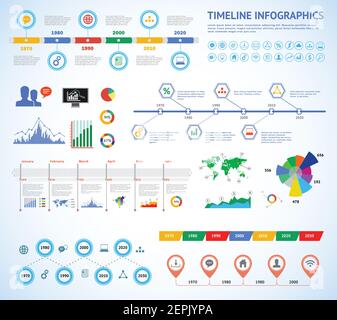 Set di infografica timeline con diagrammi e testo. Vector Concept Illustrazione per presentazione aziendale, opuscolo. Illustrazione Vettoriale