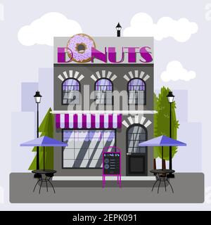 Illustrazione vettoriale esterna del DONuts Cafe. Design piatto della facciata. Concetto di edificio caffetteria. Ristorante grigio e viola a due piani in stile europeo. Il Illustrazione Vettoriale