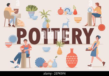 Modello di banner vettoriale piatto in ceramica con spazio di testo. La gente felice al laboratorio di ceramica ha fatto vasi e pentole da creta. Utensili fatti a mano, stoviglie per la decorazione domestica. Disegno di poster hobby artigianale. Illustrazione Vettoriale