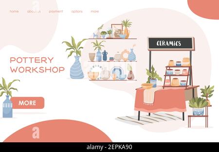 Laboratorio di ceramica vettore piano di landing page modello con testo. Ceramiche moderne fatte a mano, porcellane artigianali, vasi in ceramica e vasi da fiori su scaffale in legno. Progettazione di pagine web di studio in ceramica. Illustrazione Vettoriale