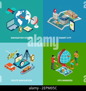 Icone di concetto di navigazione impostate con simboli città intelligenti isolati isometrici illustrazione vettoriale Illustrazione Vettoriale