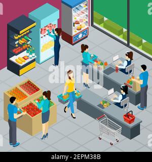 Poster isometrico interno supermercato con la gente che acquista in negozio di alimentari illustrazione vettoriale del commerciante e dei cassieri Illustrazione Vettoriale