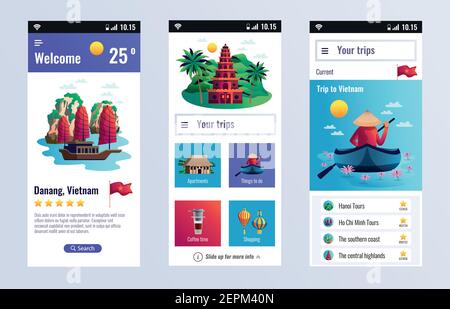 Vietnam viaggi banner verticali con la pubblicità di appartamenti shopping e. illustrazione del vettore di viaggio in barca Illustrazione Vettoriale