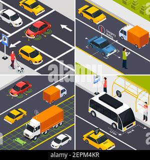 Concept di progettazione 2x2 di un veicolo autonomo di frammenti di città strade con trasporto senza conducente senza fili traffico illustrazione vettoriale isometrica Illustrazione Vettoriale