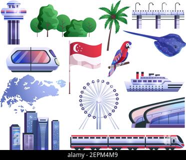 Singapore cartoon Set icone della bandiera mappa trasporto giardini fauna illustrazione vettoriale della ruota panoramica Illustrazione Vettoriale