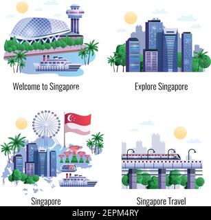 Set di design 2x2 di famosi monumenti storici e città di Singapore grattacieli nel quartiere centrale degli affari illustrazione vettoriale piatta Illustrazione Vettoriale