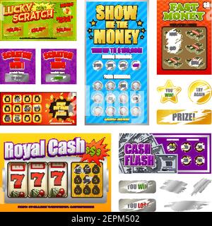Giochi di gratta lotteria raccolta di carte realistiche con biglietti fortunati vincenti e segni più allentati hanno rivelato un'illustrazione vettoriale isolata Illustrazione Vettoriale