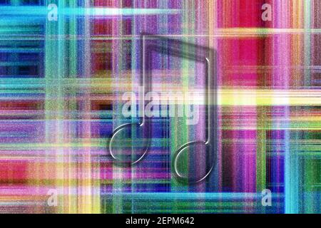 Simbolo dell'ottava nota trasmesso via IR, sottofondo musicale, sfondo colorato a scacchi Foto Stock