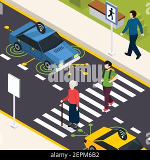 City Crosswalk sfondo isometrico con pedoni che attraversano la strada e autonomo auto senza conducente su strada illustrazione vettoriale Illustrazione Vettoriale