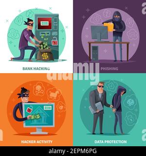 Attività di hacker, phishing, rottura di atm e furto di denaro, protezione dei dati, concetto di progettazione cartoni animati illustrazione vettoriale isolata Illustrazione Vettoriale