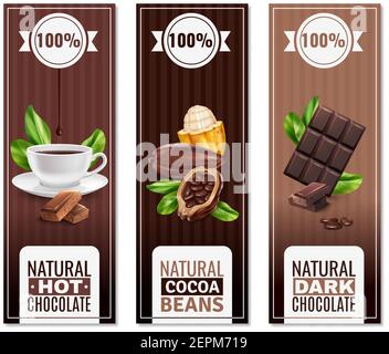 Prodotti di cacao realistici, fagioli naturali, cacao drink, cioccolato fondente striscioni verticali su sfondo marrone illustrazione vettoriale isolata Illustrazione Vettoriale