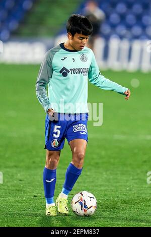 Getafe, Madrid, Spagna. 27 Feb 2021. Takefusa Kubo del Getafe FC durante la Liga match tra Getafe CF e Valencia CF al Colosseo Alfonso Perez a Getafe, Spagna. 27 febbraio 2021. Credit: Angel Perez/ZUMA Wire/Alamy Live News Foto Stock