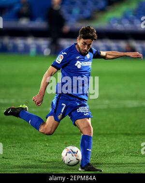 Getafe, Madrid, Spagna. 27 Feb 2021. Jaime Mata del Getafe FC durante la Liga match tra Getafe CF e Valencia CF al Colosseo Alfonso Perez a Getafe, Spagna. 27 febbraio 2021. Credit: Angel Perez/ZUMA Wire/Alamy Live News Foto Stock