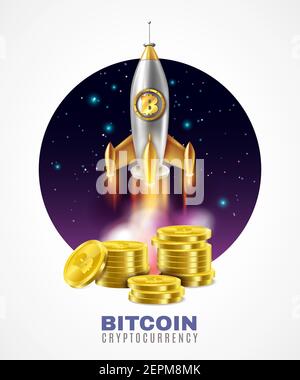 Avvio della valuta Crypto, pile di monete d'oro con il segno bitcoin e lancio razzo 3d illustrazione vettoriale Illustrazione Vettoriale