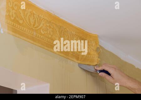 Preparazione per lavoro di riparazione a casa uomo mano strappare vecchio carta da parati da parete Foto Stock