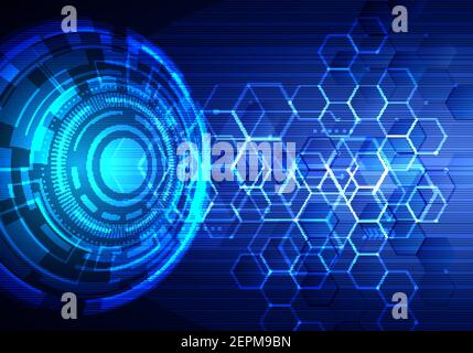 Tecnologia astratta trasferimento futuristico di una rete di dati digitali al concetto di centro. Sfondo tecnico Internet cerchio blu. Illustrazione vettoriale Illustrazione Vettoriale