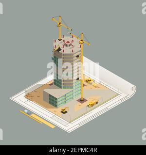 Costruzione grattacieli completamento composizione isometrica su disegno tecnico architettonico con illustrazione vettoriale di gru a torre e macchine gialle Illustrazione Vettoriale