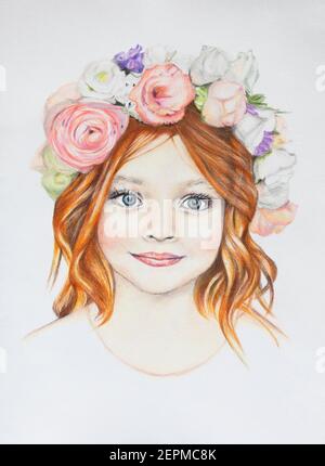 Un disegno a matita di colore di una ragazza giovane carina con i capelli di zenzero e i ricci sciolti. Ha i fiori nei capelli e sembra bohémien. Foto Stock