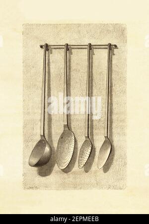 Illustrazione antica utensili da cucina francesi - /ladles. Pubblicato in le livre de cuisine, par Jules Goufe, Librarie Hachette et Cie (Parigi, 1874). Foto Stock