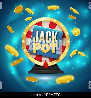 Jackpot su ruota di fortuna sfondo blu brillante realistico con oro monete lucide illustrazione vettoriale 3d Illustrazione Vettoriale