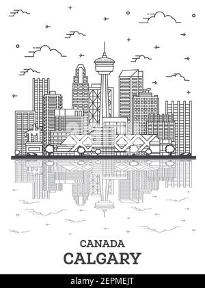 Profilo di Calgary in Canada dello skyline della città con edifici moderni e di riflessioni isolato su bianco. Illustrazione Vettoriale. Calgary Cityscape con punti di riferimento. Illustrazione Vettoriale