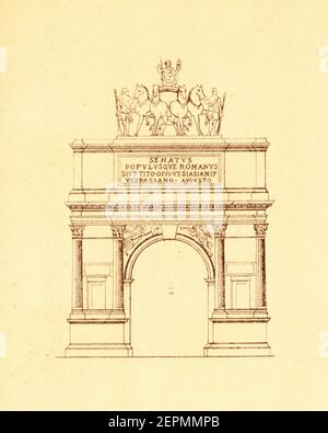 Antica illustrazione dell'arco di Tito a Roma. Incisione pubblicata in vergleichende Architektonische Formenlehre da Carl Scholtze, Lipsia, Foto Stock