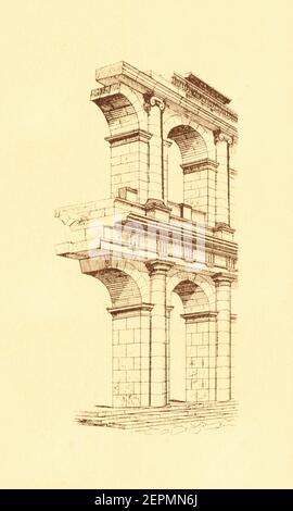 Antica incisione ottocentesca raffigurante la facciata del Teatro di Marcello a Roma. Illustrazione pubblicata in vergleichende Architektonische F Foto Stock