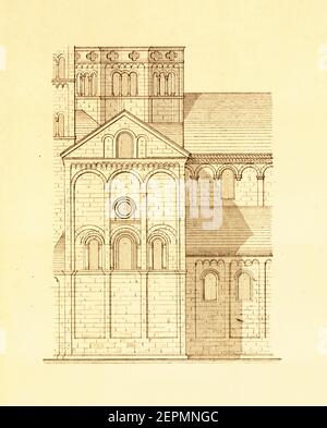 Antica incisione del XIX secolo raffigurante una vista laterale dell'abbazia di Maria Laach in Germania. Illustrazione pubblicata in vergleichende Architektonische Formenleh Foto Stock