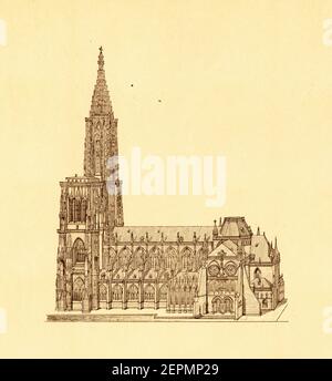 Antica illustrazione del XIX secolo della Cattedrale di Strasburgo. Incisione pubblicata in vergleichende Architektonische Formenlehre di Carl Scholtze, Lipsia Foto Stock