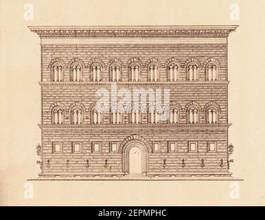 Incisione antica di Palazzo Strozzi a Firenze. Illustrazione pubblicata in vergleichende Architektonische Formenlehre di Carl Scholtze, Leipzi Foto Stock