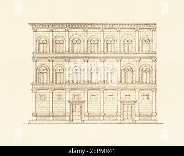 Incisione ottocentesca di Palazzo Rucellai a Firenze. Illustrazione pubblicata in vergleichende Architektonische Formenlehre da Carl Scholtze, Foto Stock