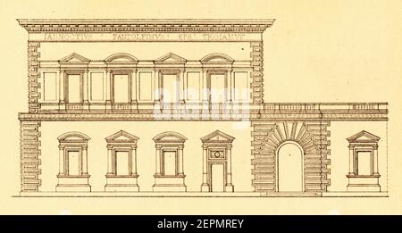 Illustrazione ottocentesca raffigurante Palazzo Pandolfini a Firenze, progettata da Raffaello Sanzio da Urbino intorno al 1514. Incisione pubblicata su Vergleich Foto Stock