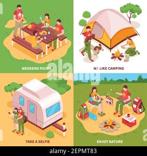 Expedition 4 icone isometriche concetto quadrato con tenda da campeggio caravan picnic in selfie prato isolato vettore illustrazione Illustrazione Vettoriale