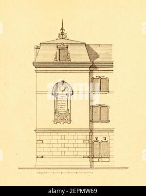 Illustrazione del XIX secolo raffigurante la facciata della scuola tedesca (1874). Incisione pubblicata in vergleichende Architektonische Formenlehre di Carl Scholtze Foto Stock