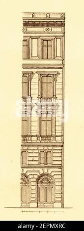 Antica illustrazione raffigurante la facciata dell'edificio di appartamenti a Vienna (1866). Incisione pubblicata in argleichende Architektonische Formenlehre by Car Foto Stock
