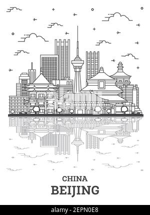 Delineare Pechino Cina skyline della città con edifici moderni e di riflessioni isolato su bianco. Illustrazione Vettoriale. Paesaggio urbano di Pechino con punti di riferimento. Illustrazione Vettoriale