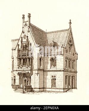 Incisione antica della costruzione di stazioni a Lengerich, Germania, progettata da Franz Ewerbeck (XIX secolo). Illustrazione pubblicata in argleichende Archite Foto Stock