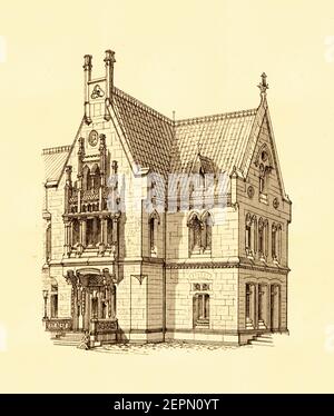 Incisione antica della costruzione di stazioni a Lengerich, Germania, progettata da Franz Ewerbeck (XIX secolo). Illustrazione pubblicata in argleichende Archite Foto Stock